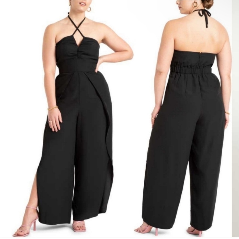 Eloquii Black Halter Wide-Leg Jumpsuit